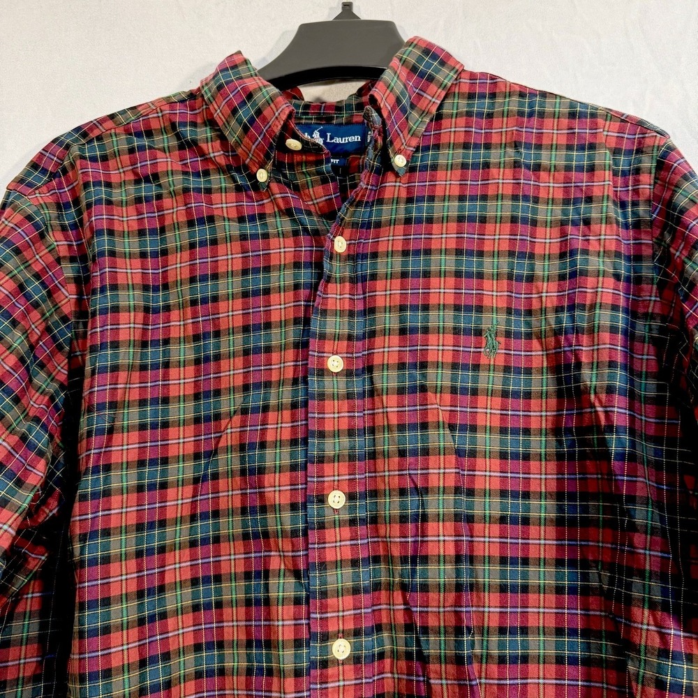 VTG Ralph Lauren Classic Fit Men's Long Sleeve Check Striped Red Green Shirt L